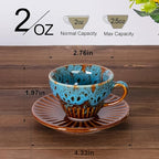 2 oz Espresso Cups Set of 2, Ceramic Cappuccino Cups with Saucers, Durable Porcelain Tea Set & Modern Coffee Cup Collection, Coffee Lover Gifts, Glazed Blue
