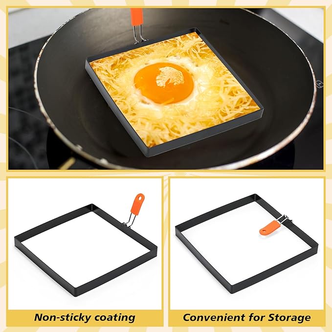Patelai 4 Pcs Square Egg Rings 8 Inch Large Pancake Molds Stainless Steel Griddle Omelette Rings with Orange Silicone Handle Oil Brush for Household Breakfast Omelette Sandwich Cooking Tool
