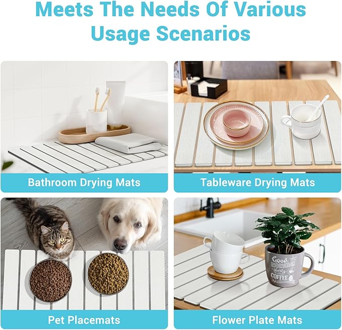 2Pack Stone Dish Drying Mats for Kitchen Counter, Quick Dry Absorbent Diatomite Sink Tray, Foldable Non Slip Dish Rack Mat for Dishes Cups, Perfect for Kitchen Bathroom White (23"x15.3" & 8.2"x4")