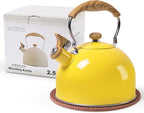 LONFFERY Tea Kettle, 2.5 Quart Whistling Tea Kettle, Tea Pots for Stove Top Food Grade Stainless Steel with Wood Pattern Folding Handle - Yellow