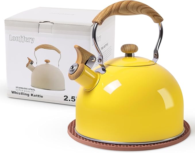 LONFFERY Tea Kettle, 2.5 Quart Whistling Tea Kettle, Tea Pots for Stove Top Food Grade Stainless Steel with Wood Pattern Folding Handle - Yellow