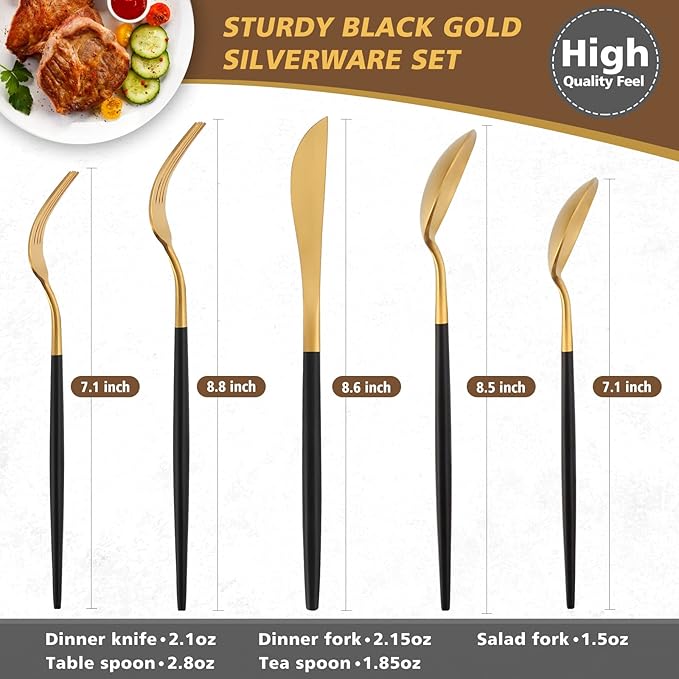 Matte Black Gold Silverware Set, Oliviola 40-Piece Stainless Steel Flatware Cutlery Set Service for 8, Satin Finish Kitchen Utensil Set, Dishwasher Safe