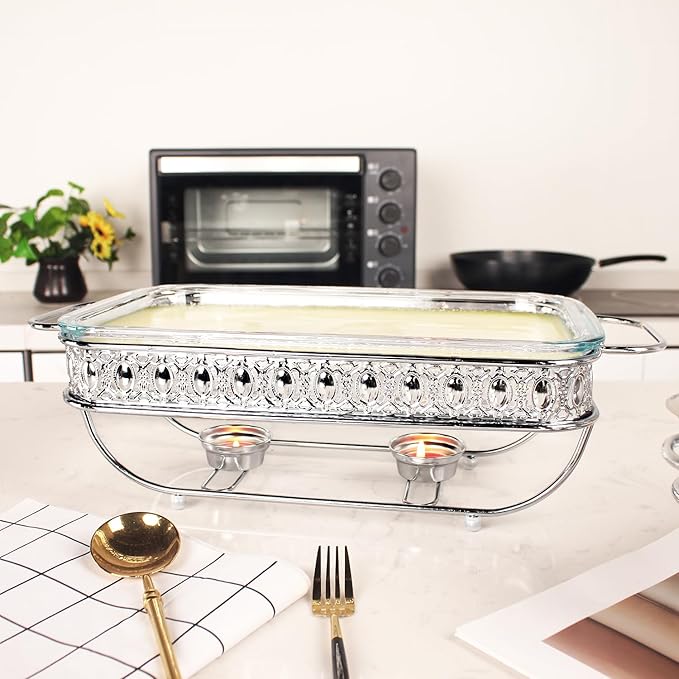 Casserole Dish 6" x 11"Glass Baking Dish with Stainless steel Lid and rack, Silver Rectangle 1.3 Qt Large Baking Pan For Casserole & Lasagna, Microwave Dishwasher Freezer Oven Safe
