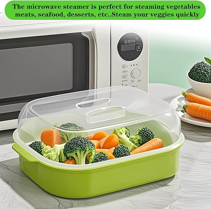 Microwave Steamer for Vegetables, Plastic Microwave Vegetable Steamer with Lid for Vegetables Prep Seafood Fish Cooking, Green-Rectangle, 10.6Inch
