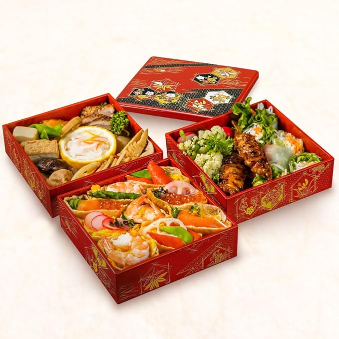 TIKUSAN Lacquer Bento Box Container Japanese Traditional 3 Tiers Stack Box Jubako Osechi Made in Japan (Red)