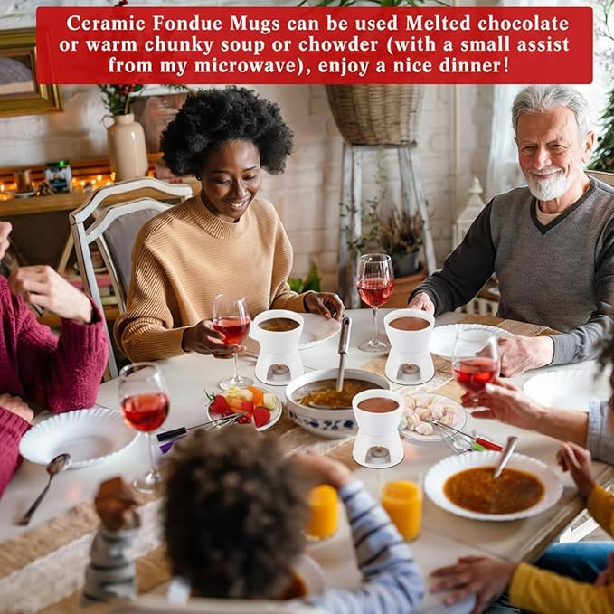 Mudder 6 Pieces Fondue Mug Ceramic Pot and 24 Pieces Forks Set for Melting Chocolate, Cheese, Broth or Tapas on Christmas Gift Valentine's Day(White)