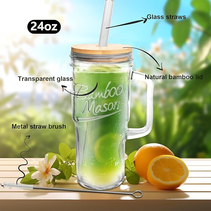ANOTION Glass Cups with Lids and Straws - 24oz Tumbler with Handle Coffee Cups Glass Straws Glasses Mason Jar Cups Drinking Set Kitchen Essentials Coffee Bar Accessories House Warming Gifts New Home
