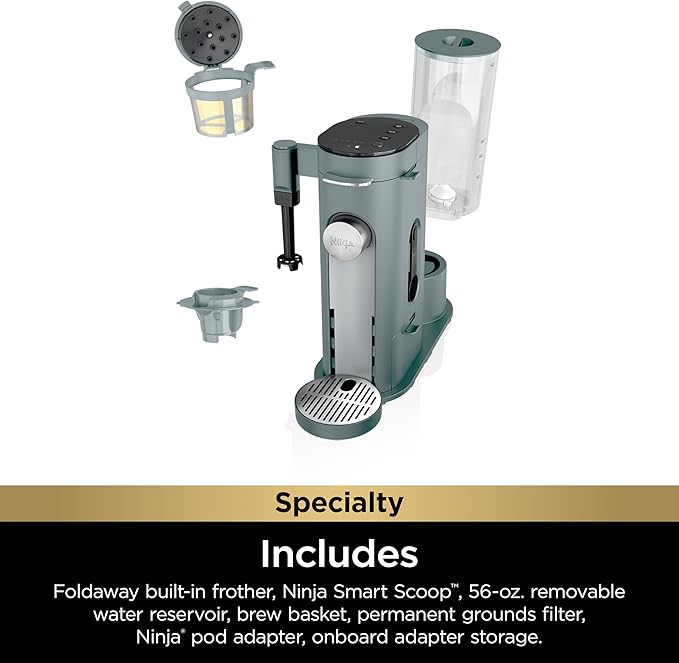 Ninja Pods & Grounds Specialty Single-Serve Coffee Maker, K-Cup Pod Compatible, Built-In Milk Frother, 6-oz. Cup to 24-oz. Travel Mug Sizes, Iced Coffee Maker, 1550 watts, Sage Green, PB051SG