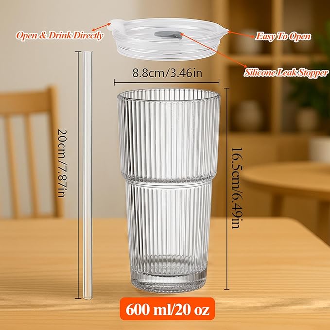 20 oz Ribbed Glass Tumblers with Lids and Straws – Set of 4 Thickened Glassware, Elegant Durable Ribbed Drinking Glasses Bulk for Iced Coffee Cups, Cocktails, Smoothies, Juice, Hot or Cold Beverages