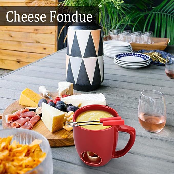 BSTKEY 230ML Personal Chocolate Fondue Mug Set, Ceramic Butter Warmer Set, Mini Melt Hot Pot Cup Set for Cheese Chocolate Butter Caramel, with 2 Forks (Red)