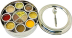 spice dabba Stainless Steel Indian Spice Box,Steel Masala Dabba 12 Spices,Lid Spice Box,Authentic Spices,Masala Box with Individual containers|Size 9 x 9 x 3 IN 3 LB (Indian Spice Box with Spices)