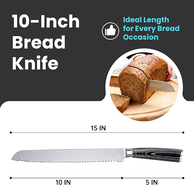 10-Inch Serrated Bread Knife With Wooden Handle, Bread Cutting Knife for Homemade Sourdough Bread, 10-Inch Blade With 5-Inch Handle, Razor Sharp