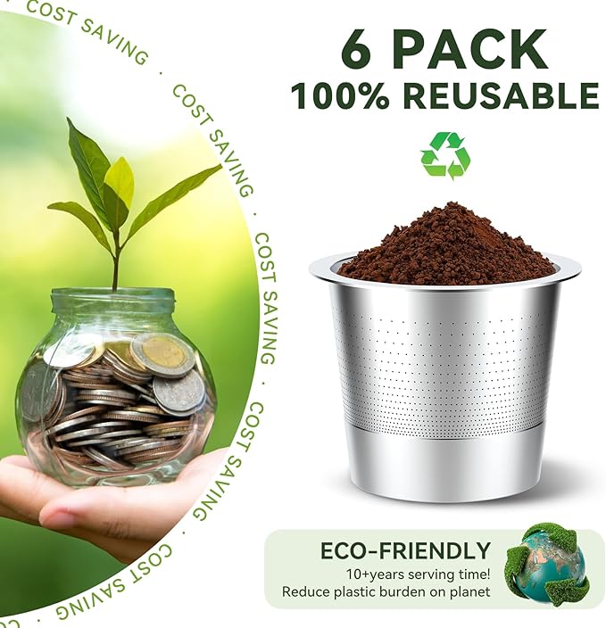 CAPMESSO Reusable K Cups Coffee Pods for Keurig 1.0: Stainless Steel Refillable K Cup - Reusable Coffee Filter for Keurig 1.0 Coffee Maker, Permanent, Eco-Friendly, Innovative Design (6 Pack)