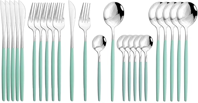JASHII Flatware Serving Set 24 Piece, Stainless Steel Silverware Set, Mint Green Silver Cutlery Set, Modern Elegant Tableware Set for Party, Christmas, Dinner (Mint Green Silver)