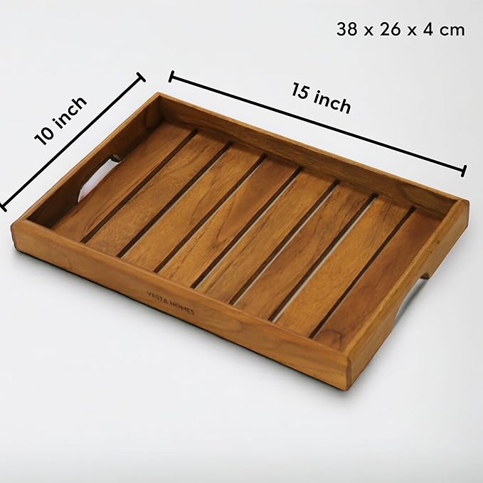 Large Teak Wood Serving Tray for Home, Kitchen, Breakfast, Restaurant, Office Organizer, Dining Table | Premium Wooden Tray |15 * 10 * 1.5 Inches | Handmade in India