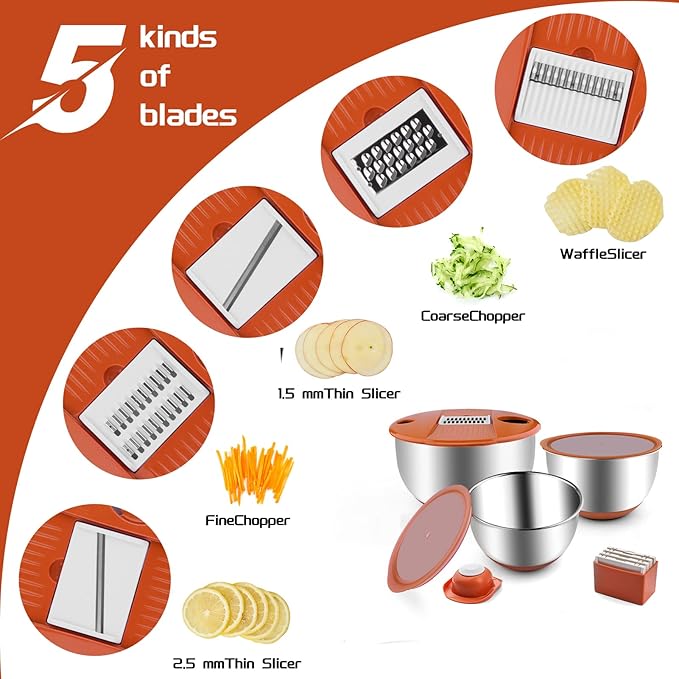 Mixing Bowls with Lids Set,3 Pieces Stainless Steel Nesting Bowls Vegetables Slicer Non-Slip Mixing Bowl for Baking Prepping Cooking(Orange)