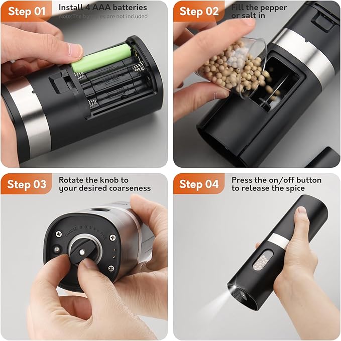Syaws Electric Pepper and Salt Grinder 1 Pack,Battery Powered Pepper Grinders,Automatic Pepper Mill with LED Light,Adjustable Coarseness One-Hand Operation