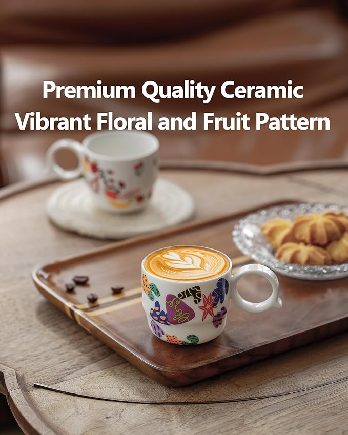 Ceramic Espresso Cups Set of 2 – Mini 3 oz Double Espresso Coffee Cups Small Espresso Shot Cups with Cute Q Handle, Gift for Coffee Lovers, Floral and fruit Patterns-White
