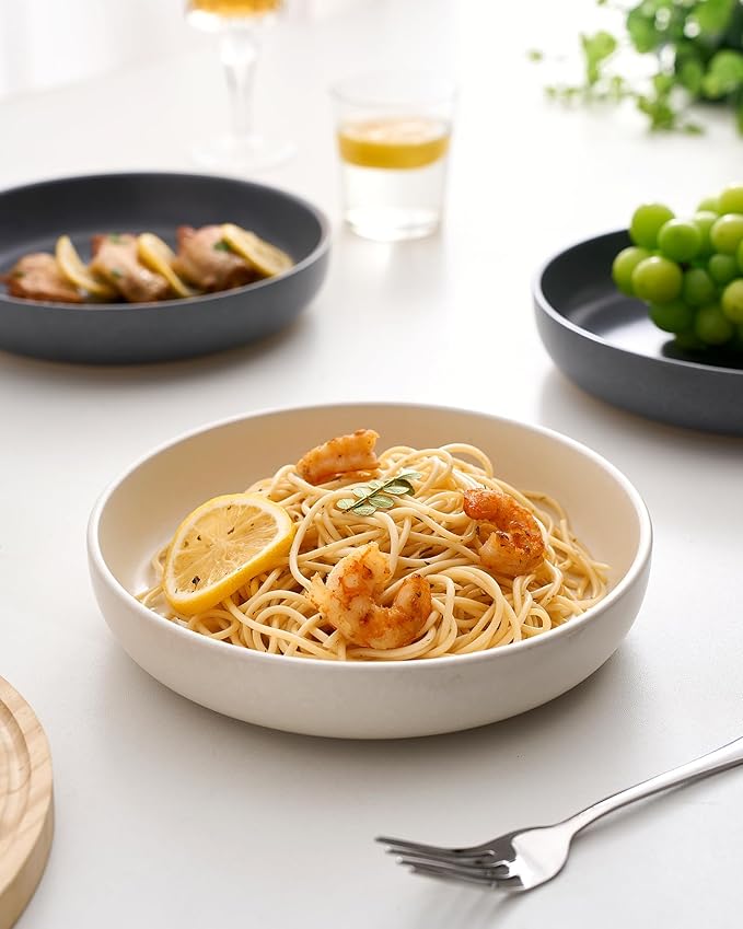 famiware Milkyway 33 oz Bowl Set, Pasta Bowls Set of 4, Salad Bowls, Double Reactive Glaze, Sturdy & Stackable, Ideal for Housewarming, Festivals, Dark Charcoal & White Full Glaze Matte