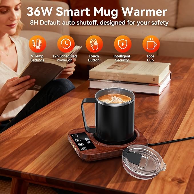 Coffee Mug Warmer & Mug Set for Desk, 36W Electric Coffee Mug Warmer with 16oz Cup, Smart Coffee Heater with 9 Temp Settings & Auto Shut Off, Home Office Desk Accessory, Gifts for Women Men, Wood