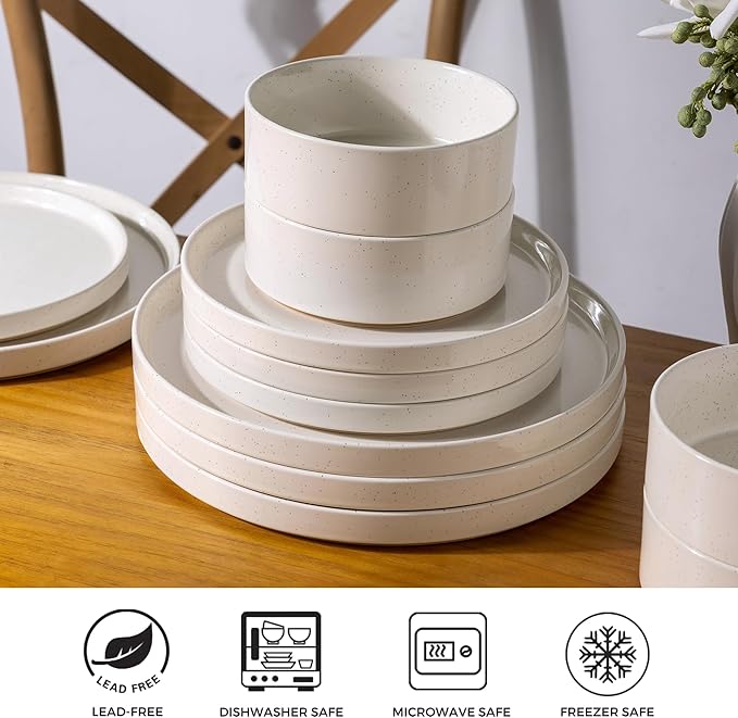 AmorArc Ceramic Dinnerware Set for 4 | Speckled Stoneware Plates and Bowls with unglazed terracotta | Scratch Resistant, Dishwasher & Microwave Safe Dishes Sets- 12-Pcs Beige