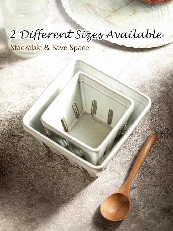 Gomakren Ceramic Berry Basket Set of 2, Square Fruit Bowl with Holes, Small Fruit Basket Containers for Kitchen Counter, Berries, Strawberry, Grape, Cherry, White
