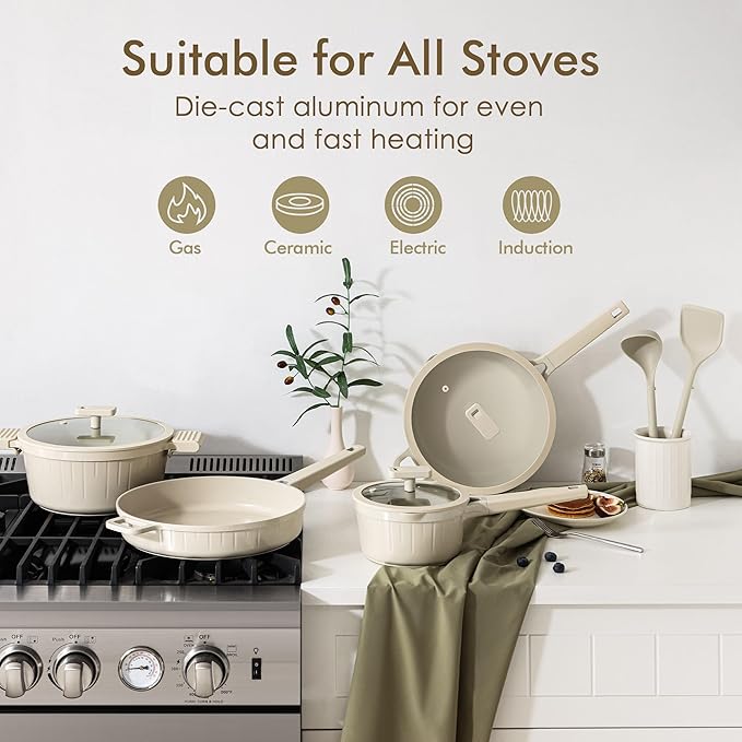 SENSARTE Ceramic Cookware Set Non-toxic 14 Pcs, Nonstick Pots and Pans Set, Dishwasher Safe Induction Cookware, Healthy Kitchen Cooking Set, PFOA/PFAS/PTFE Free