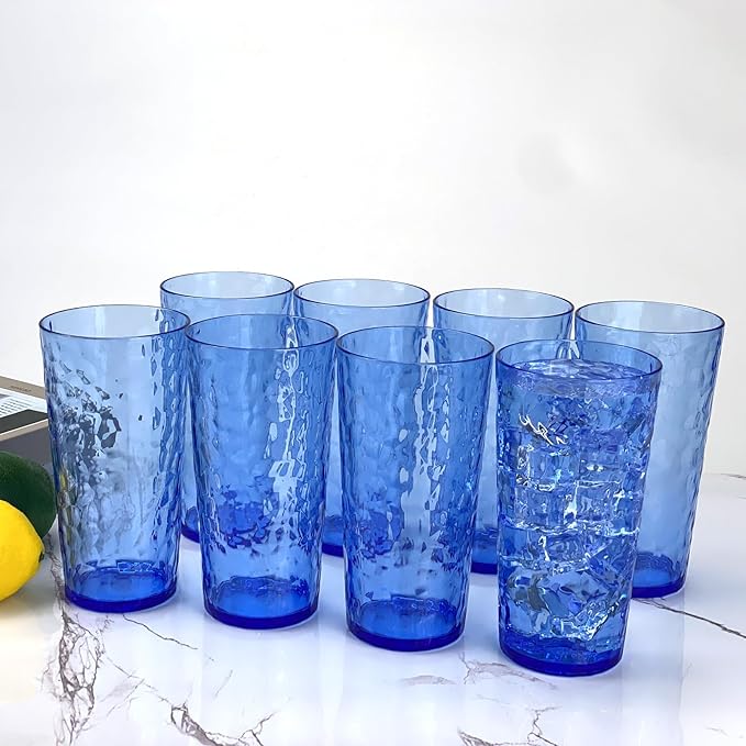 Yalin 24-Ounce Plastic Tumbler Acrylic Drinking Glasses, Reusable Plastic Cups, Stackable, BPA-Free, Shatter Proof, Dishwasher Safe, Set of 8 (Blue)