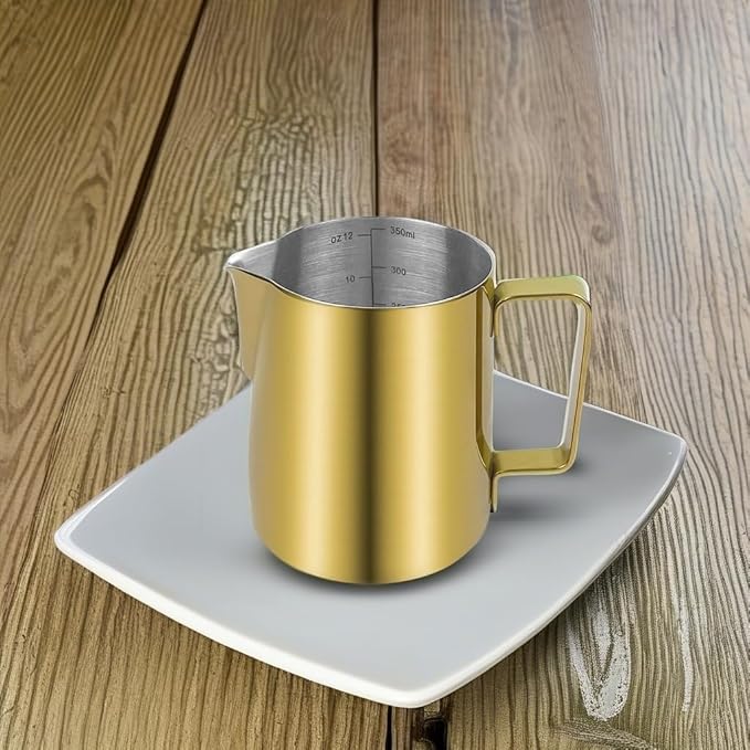 CAMKYDE Stainless Steel Milk Frothing Pitcher 12 oz, Espresso Steaming Pitcher with Decorating Pen for Espresso Machines, Cappuccino, Latte Art (Gold)
