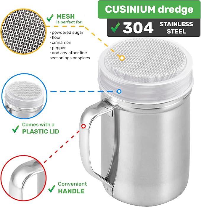 CUSINIUM Large Powdered Sugar Shaker Duster - With Handle - Cinnamon Shaker For Coffee Bar- Fine Mesh Dredge - 14 ounce | Style: Fine