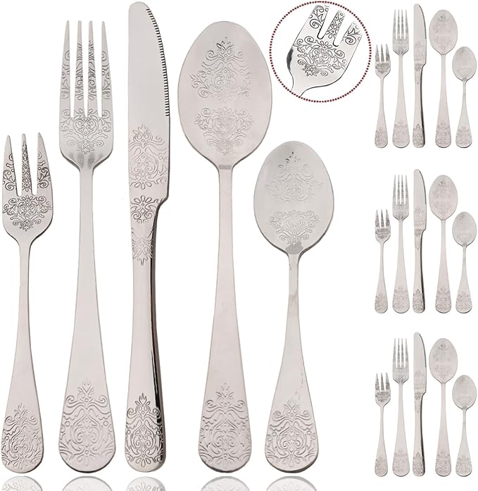JASHII 20-piece Silverware Flatware Set Vintage Carved Floral Pattern Eating Utensils Stainless Steel Knife Fork Spoon Set Mirror Polished Dishwasher Safe - Silver