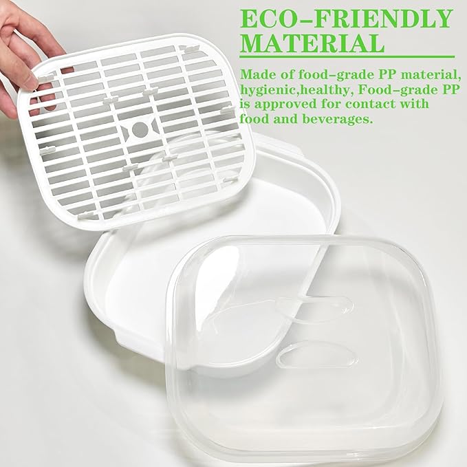 Microwave Steamer for Vegetables, Plastic Microwave Vegetable Steamer with Lid for Vegetables Prep Seafood Fish Cooking, White-Rectangle, 10.6Inch