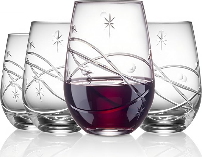 SHOSHIN Hand-Cut Space Pattern Stemless Wine Glasses 18 Oz, 4-Pack - Lead-Free Crystal, Dishwasher Safe & Artisan Engraved Design for Modern Entertaining