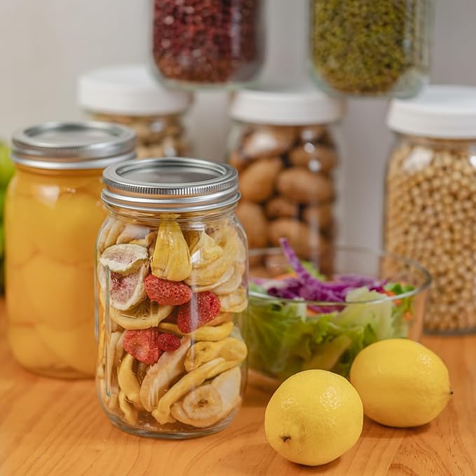 4 Pack 32 oz Clear Wide Mouth Mason Jars with Airtight Lids and White Plastic Mason Jar Lids, Canning Jars