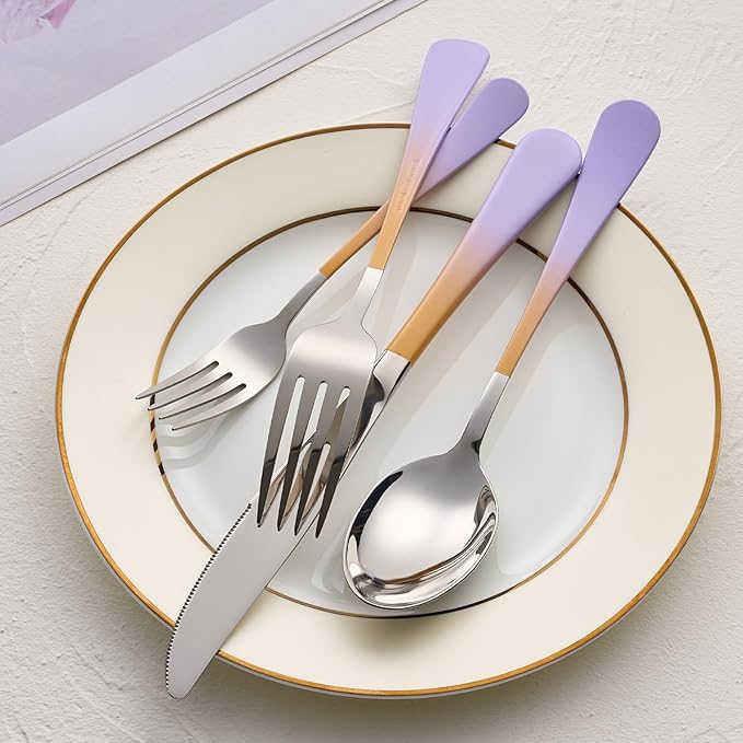 Colorful Silverware Set 20 Piece 18/0 Stainless Steel Flatware Purple and Orange Handle Cutlery Set Service for 4 Fork Knife Spoon Set Mirror Finish Dishwasher Safe