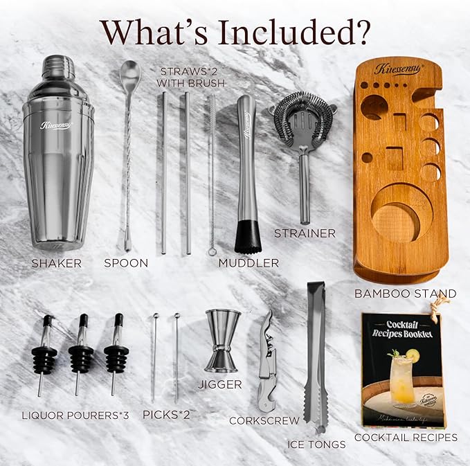 KITESSENSU Cocktail Shaker Set Bartender Kit with Stand | Bar Set Drink Mixer Set with All Essential Bar Accessory Tools: Martini Shaker, Jigger, Strainer, Mixer Spoon, Muddler, Liquor Pourers | Black