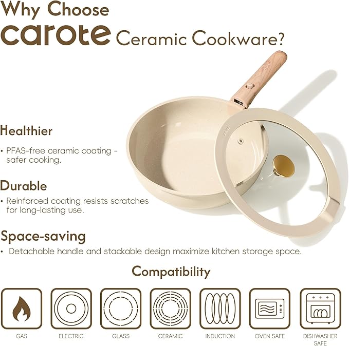 CAROTE 23PCS Pots and Pans set Non Stick, Ceramic Cookware Set, RV Kitchen Cooking Set Removable Handles, Oven Safe, Induction Coolware, Non-toxic Kitchen Cooking Set, PFAS and PFOA Free