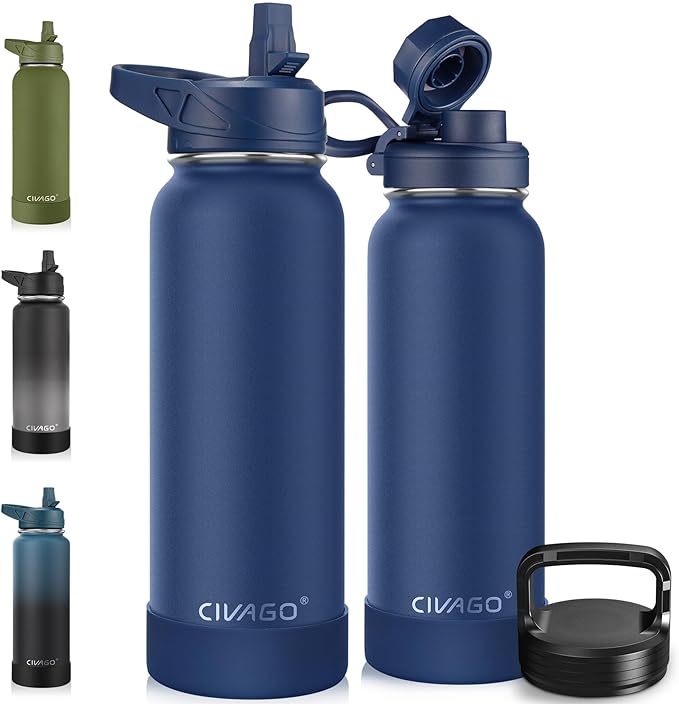 CIVAGO 40 oz Insulated Water Bottle With Straw, Stainless Steel Sports Water Cup Flask with 3 Lids (Straw, Spout and Handle Lid), Double Walled Travel Thermal Canteen Mug, Navy Blue