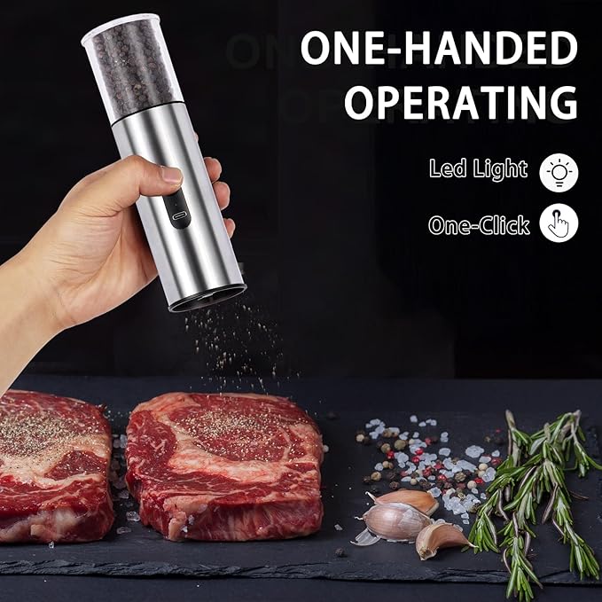 Electric Salt and Pepper Grinder Set, Rechargeable Salt and Pepper Shakers Refillable, Automatic Pepper Mill with Adjustable Coarseness, One Hand Operation with LED light, Stainless Steel