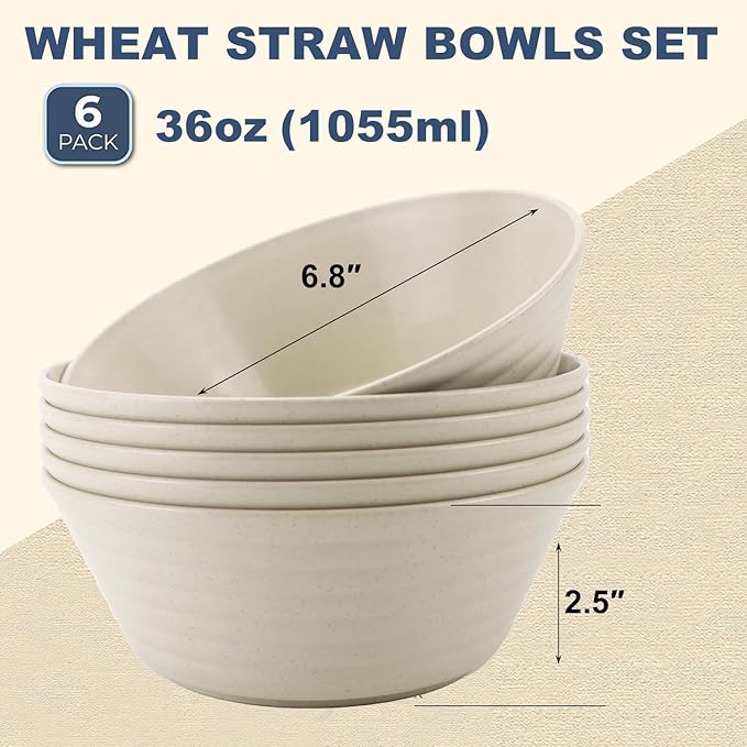 Wheat Straw Bowl Sets,6 PCS Unbreakable Cereal Bowl 36 OZ,Microwave and Dishwasher Safe Bowls,Soup Bowl Sets for Serving Soup,Oatmeal and Salad （Beige）