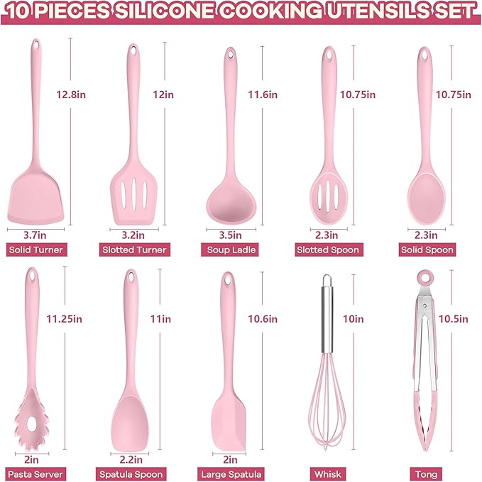 TeamFar Kitchen Cooking Utensils, 10 pcs Silicone Cooking Utensils Set, 446°F Heat Resistant Kitchen Gadgets Tools Set w/Spatula, Turners, Spoons, Soup Ladle, Pasta Server for Nonstick Cookware, Pink