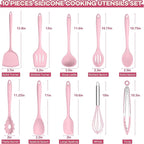 TeamFar Kitchen Cooking Utensils, 10 pcs Silicone Cooking Utensils Set, 446°F Heat Resistant Kitchen Gadgets Tools Set w/Spatula, Turners, Spoons, Soup Ladle, Pasta Server for Nonstick Cookware, Pink
