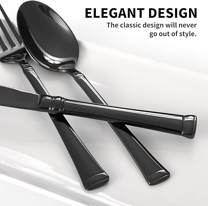 Black Silverware Set, Service for 12, 18/10 Heavy Stainless Steel Flatware with Serving Utensils, Mirror Polished Cutlery Set, Dishwasher Safe