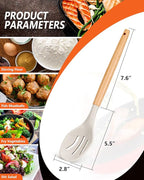 Large Silicone Cooking Spoons, 2 Pack Nonstick Solid and Slotted Wooden handle Spoon Set, Heat Resistan Silicone Kitchen Spoons for Cooking, Serving, Basting, Mixing (Khaki)