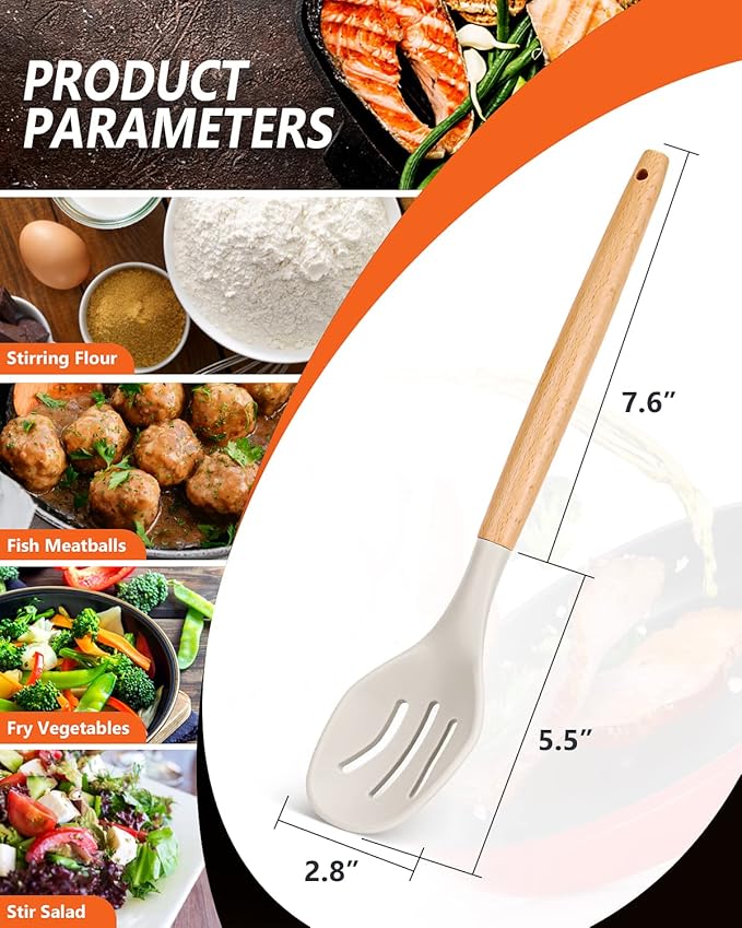 Large Silicone Cooking Spoons, 2 Pack Nonstick Solid and Slotted Wooden handle Spoon Set, Heat Resistan Silicone Kitchen Spoons for Cooking, Serving, Basting, Mixing (Khaki)