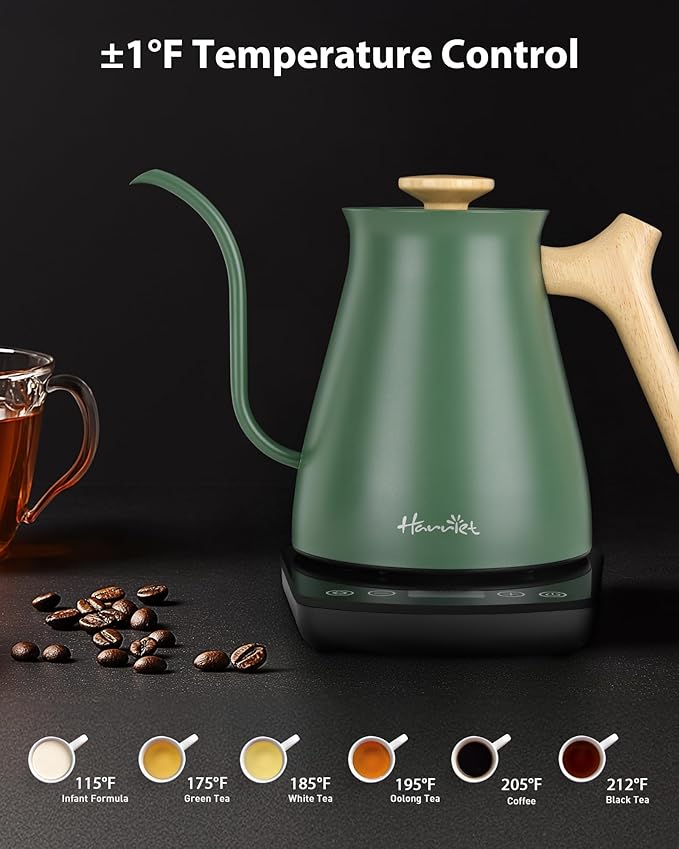 Harriet Gooseneck Electric Kettle - 1200W Fast Heat, 0.8L Stainless Steel, Precision Temp Control & Timer, Wood Handle, Pour Over Coffee and Tea, Green