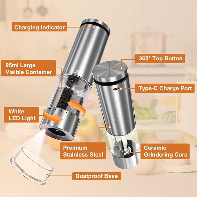 Electric Salt and Pepper Grinder Set Rechargeable, Automatic Salt and Pepper Shakers Mills with 6-Level External Adjustable Coarseness, LED Light, House Warming Cooking Gifts for Women Men