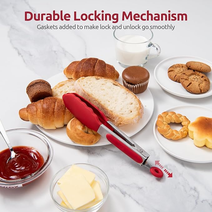 600ºF Heat Resistant Kitchen Tong: U-Taste 7 inch Silicone Cooking Tong with Firm Sealed Non Stick Rubber Tips & Silicon Coated 18/8 Stainless Steel Handle & Smooth Locking for Serving Salad (Red)