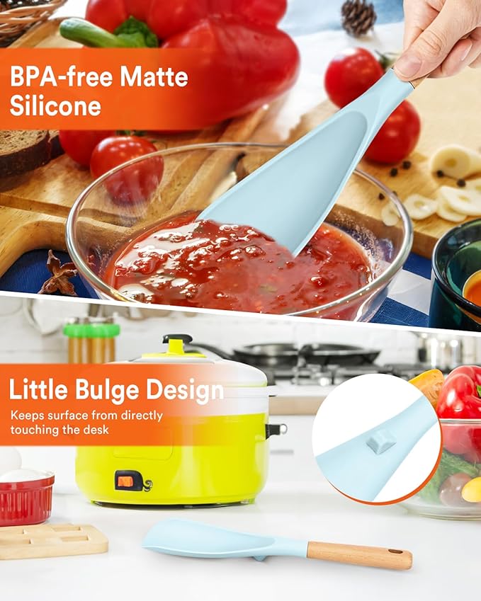Cooking Spoon for Nonstick Cookwares, Great for Cooking and Serving Sturdy BPA-Free Matte Silicone, Wood Handle Spoon for Mixing, Scoop, and Scrape (BLUE)