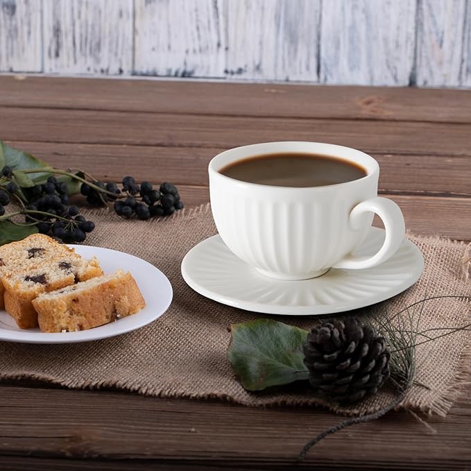 4 oz White Espresso Cups Set of 2, Ceramic Cappuccino Cups with Saucers, Durable Porcelain Tea Set & Modern Coffee Cup Collection, Coffee Lover Gifts